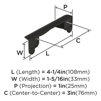 Amerock, Everyday Basics, Inspirations, 3" Cup Pull, Matte Black - technical