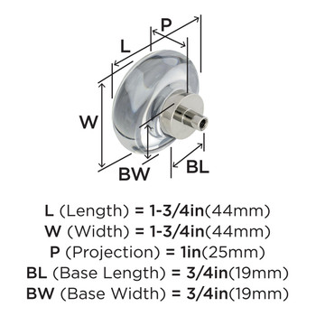 Amerock, Glacio, 1 3/4" Round Knob, Clear with Polished Nickel - technical