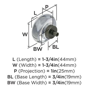 Amerock, Glacio, 1 3/4" Round Knob, Clear with Gunmetal - technical