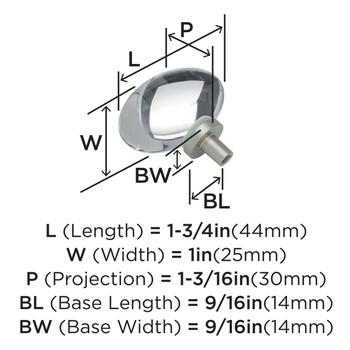 Amerock, Glacio, 1 3/4" Oval Knob, Clear with Satin Nickel - technical