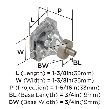 Amerock, Glacio, 1 3/8" Square Knob, Clear with Satin Nickel - technical