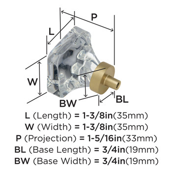 Amerock, Glacio, 1 3/8" Square Knob, Clear with Golden Champagne - technical