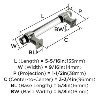 Amerock, Glacio, 3 3/4" (96mm) Bar Pull, Clear with Gunmetal - technical