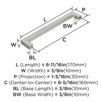 Amerock, Monument, 6 5/16" (160mm) Straight Pull, Satin Nickel - technical