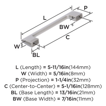 Amerock, Riva, 5 1/16" (128mm) Straight Pull, Satin Nickel - technical