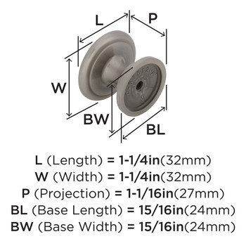 Amerock, Ravino, 1 1/4" Round Wide Bottom Knob, Satin Nickel - technical