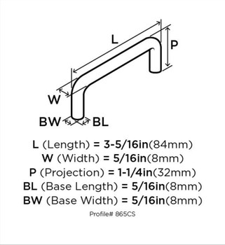 Amerock, Everyday Basics, Wire Pulls, 3" Wire Pull, Satin Nickel - technical front