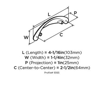 Amerock, Cup Pulls, 2 1/2" (64mm) Decorative Screw Cup Pull, Satin Nickel - technical