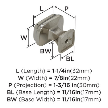 Amerock, Revitalize, 1 1/4" Length Rectangle Knob, Polished Nickel - technical