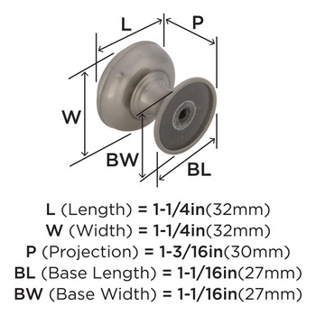 Amerock, Revitalize, 1 1/4" Round Smooth Top Knob, Satin Nickel - technical