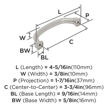 Amerock, Revitalize, 3 3/4" (96mm) Curved Pull, Polished Nickel - technical