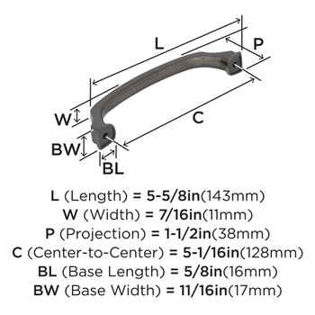 Amerock, Revitalize, 5 1/16" (128mm) Curved Pull, Gunmetal - technical