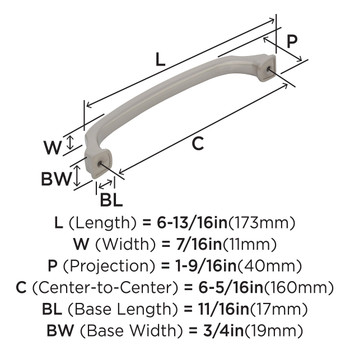 Amerock, Revitalize, 6 5/16" (160mm) Curved Pull, Satin Nickel - technical