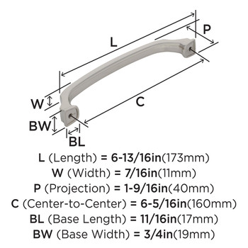 Amerock, Revitalize, 6 5/16" (160mm) Curved Pull, Polished Nickel - technical