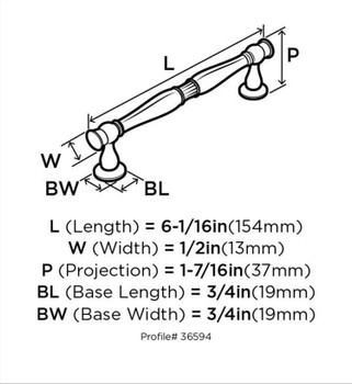 Amerock, Crawford, 5 1/16" (128mm) Bar Pull, Oil Rubbed Bronze - technical front