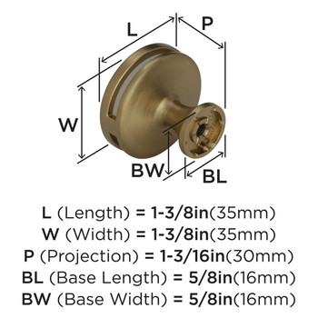 Amerock, Oberon, 1 3/8" (35mm) Round Knob, Golden Champagne / Frost - technical