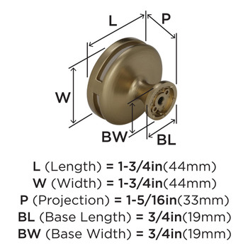 Amerock, Oberon, 1 3/4" (44mm) Round Knob, Golden Champagne / Frost - technical