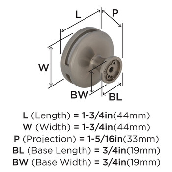 Amerock, Oberon, 1 3/4" (44mm) Round Knob, Satin Nickel / Frost - technical