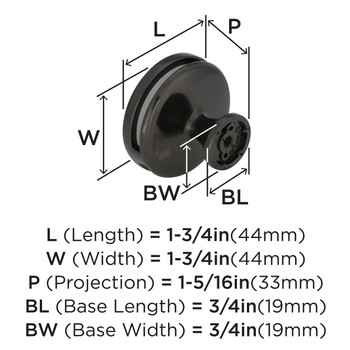 Amerock, Oberon, 1 3/4" (44mm) Round Knob, Gunmetal / Frost - technical