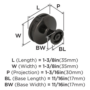 Amerock, Oberon, 1 3/8" (35mm) Round Knob, Gunmetal - technical