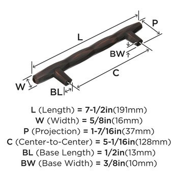 Amerock, St Vincent, 5 1/16" (128mm) Bar Pull, Oil Rubbed Bronze - technical