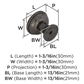 Amerock, Westerly, 1 3/16" (30mm) Round Knob, Graphite - technical