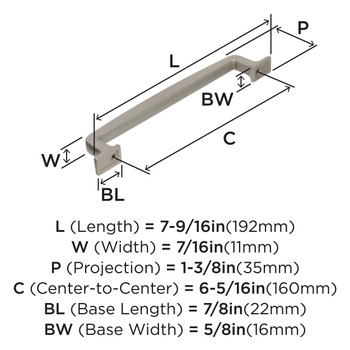 Amerock, Westerly, 6 5/16" (160mm) Straight Pull, Satin Nickel - technical