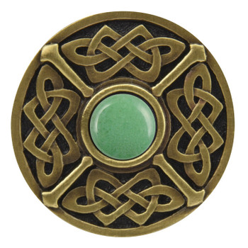 Notting Hill, Arts and Crafts Celtic, Celtic Jewel, 1 3/8" Round Knob, Antique Brass with Green Aventurine Natural Stone