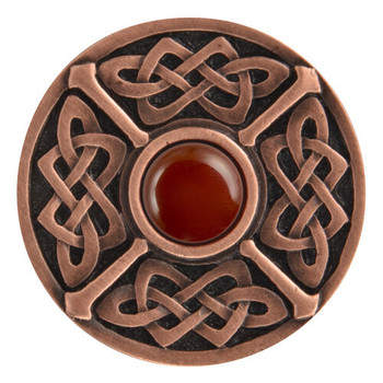 Notting Hill, Arts and Crafts Celtic, Celtic Jewel, 1 3/8" Round Knob, Antique Copper with Red Carnelian Natural Stone