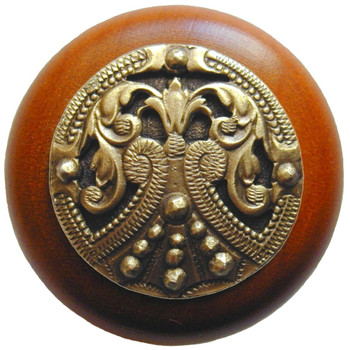 Notting Hill, Classic, Regal Crest, 1 1/2" Round Wood Knob, Antique Brass with Cherry Wood Finish