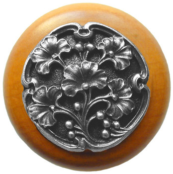 Notting Hill, Florals and Leaves, Ginkgo Berry, 1 1/2" Round Wood Knob, Antique Pewter with Maple Wood Finish