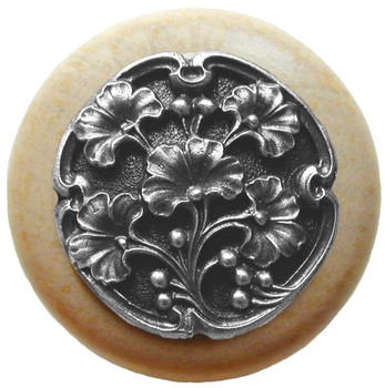 Notting Hill, Florals and Leaves, Ginkgo Berry, 1 1/2" Round Wood Knob, Antique Pewter with Natural Wood Finish