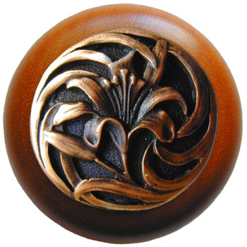 Notting Hill, Florals and Leaves, Tiger Lily, 1 1/2" Round Wood Knob, Antique Copper with Cherry Wood Finish