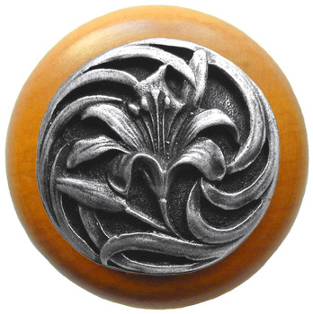 Notting Hill, Florals and Leaves, Tiger Lily, 1 1/2" Round Wood Knob, Antique Pewter with Maple Wood Finish