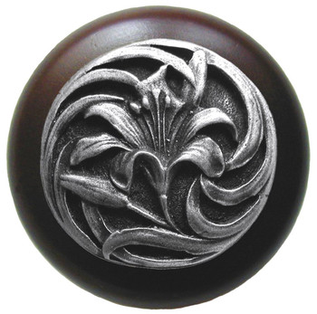 Notting Hill, Florals and Leaves, Tiger Lily, 1 1/2" Round Wood Knob, Antique Pewter with Dark Walnut Wood Finish