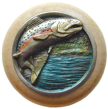 Notting Hill, Lodge and Nature, Leaping Trout, 1 1/2" Round Wood Knob, Hand-Tinted Antique Pewter with Natural Wood Finish