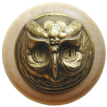 Notting Hill, Lodge and Nature, Wise Owl, 1 1/2" Round Wood Knob, Antique Brass with Natural Wood Finish