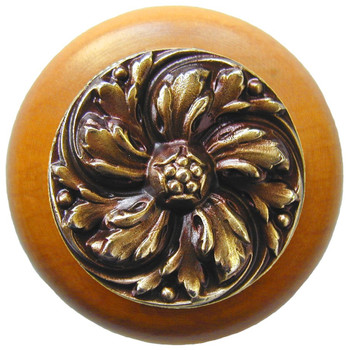 Notting Hill, Classic, Chrysanthemum, 1 1/2" Round Wood Knob, Antique Brass with Maple Wood Finish