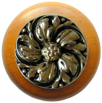 Notting Hill, Classic, Chrysanthemum, 1 1/2" Round Wood Knob, Brite Brass with Maple Wood Finish