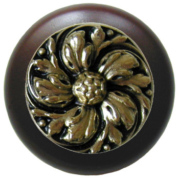 Notting Hill, Classic, Chrysanthemum, 1 1/2" Round Wood Knob, Brite Brass with Dark Walnut Wood Finish