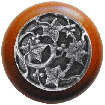 Notting Hill, Florals and Leaves, Ivy with Berries, 1 1/2" Round Wood Knob, Antique Pewter with Cherry Wood Finish
