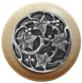 Notting Hill, Florals and Leaves, Ivy with Berries, 1 1/2" Round Wood Knob, Antique Pewter with Natural Wood Finish