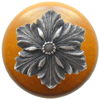 Notting Hill, Classic, Opulent Flower Wood, 1 1/2" Round Knob, Antique Pewter with Maple Wood