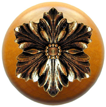Notting Hill, Classic, Opulent Flower Wood, 1 1/2" Round Knob, Brite Brass with Maple Wood