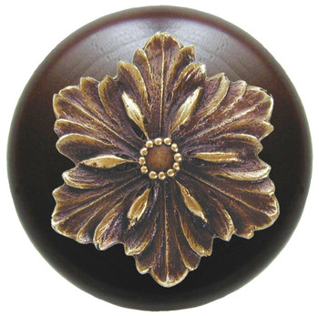 Notting Hill, Classic, Opulent Flower Wood, 1 1/2" Round Knob, Antique Brass with Dark Walnut Wood