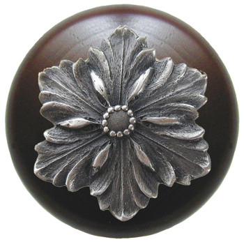 Notting Hill, Classic, Opulent Flower Wood, 1 1/2" Round Knob, Antique Pewter with Dark Walnut Wood