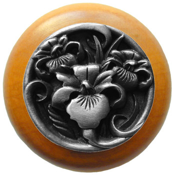 Notting Hill, Nouveau, River Iris, 1 1/2" Round Wood Knob, Antique Pewter with Maple Wood Finish