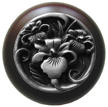 Notting Hill, Nouveau, River Iris, 1 1/2" Round Wood Knob, Antique Pewter with Dark Walnut Wood Finish