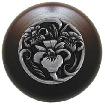 Notting Hill, Nouveau, River Iris, 1 1/2" Round Wood Knob, Brilliant Pewter with Dark Walnut Wood Finish