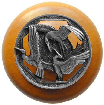 Notting Hill, Woodland, Crane Dance, 1 1/2" Round Wood Knob, Antique Pewter with Maple Wood Finish